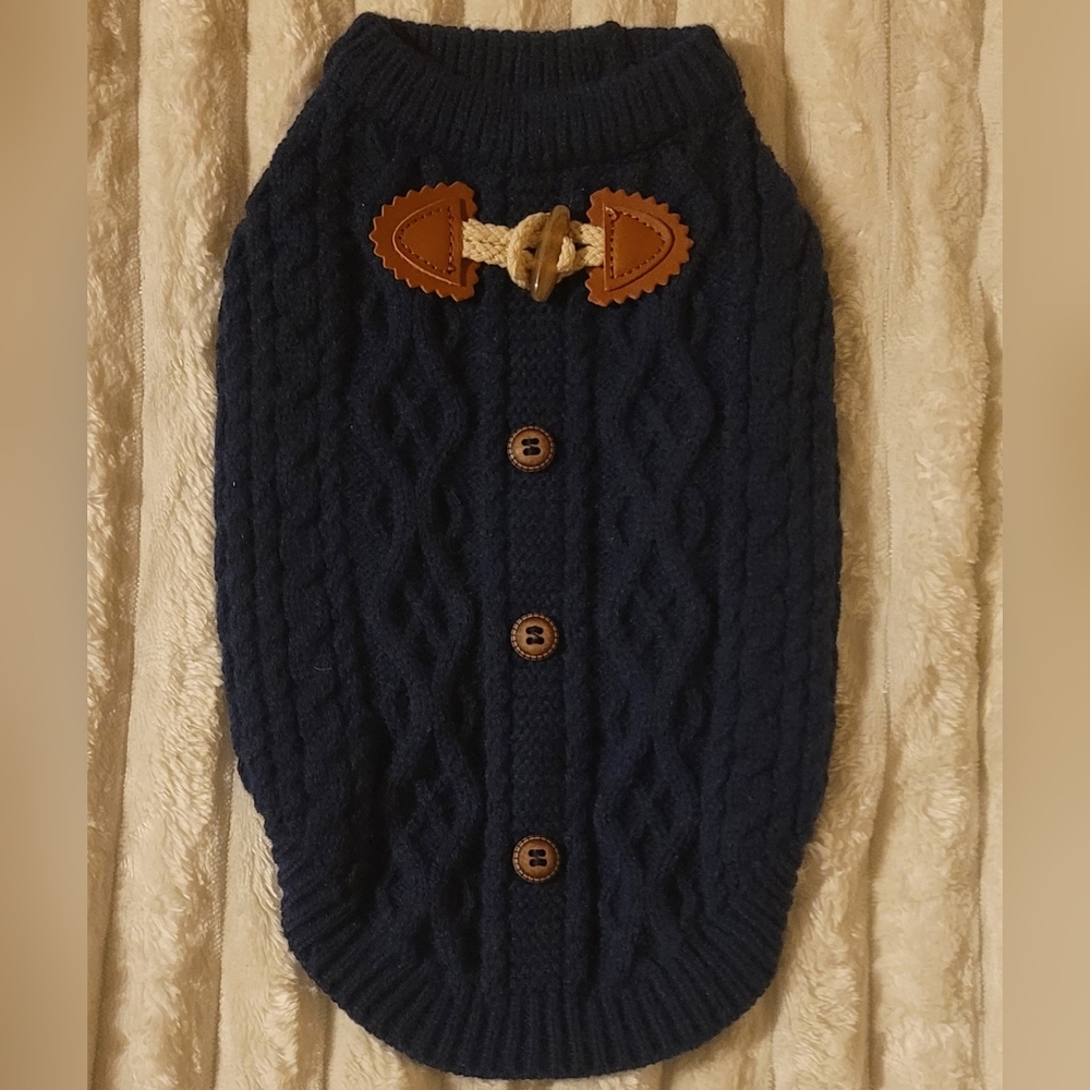 Navy Blue Cable Knit Dog Sweater With Faux Lender Straps And Brown Buttons, Med - Picture 1 of 5